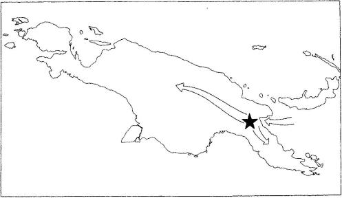 The proposed avenue of entrance of the sweet potato into New Guinea from the Bismark Archipelago area, and the proposed routes of its spread to the northeast and southwest area of the Markham Valley region.