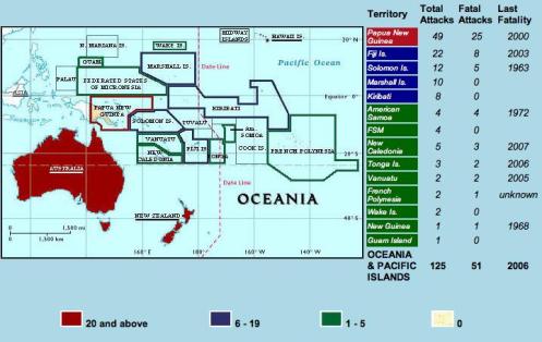 1925-2007 Map of Oceania/Pacific Ocean Islands Confirmed Unprovoked Shark Attacks (N=125)